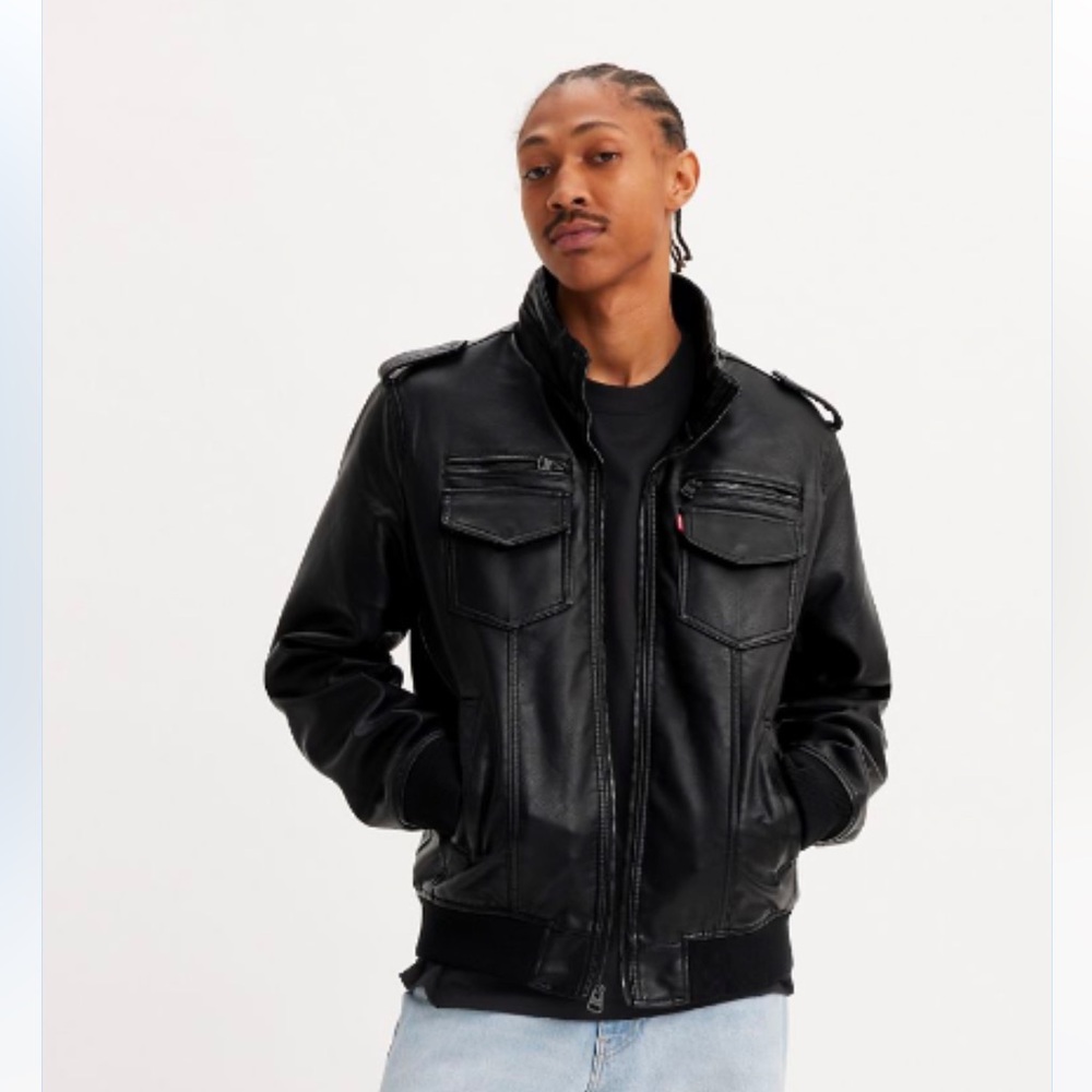 Levi’s Black Faux Leather Aviator Bomber Jacket, Size Large